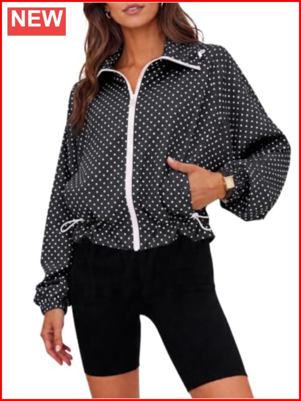 Womens Polka Dot Cropped Zip Up Oversized Casual Jacket